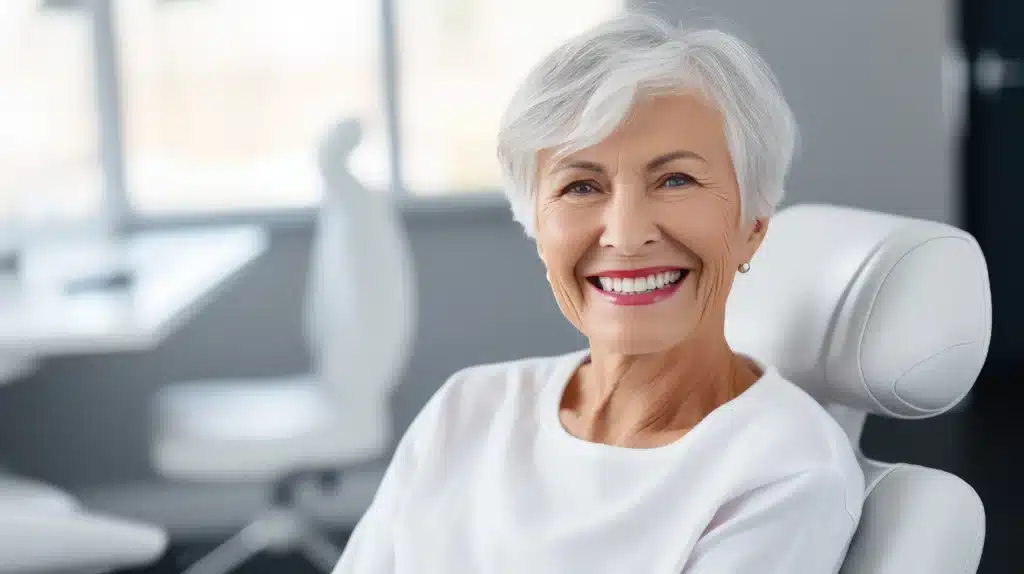 A happy elderly woman with white hair and a bright smile, possibly considering Dental Crowns at Laughlin Dental