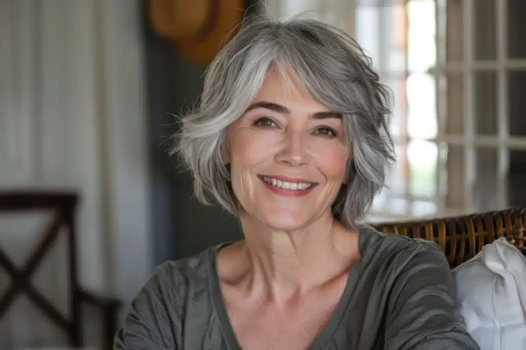 A smiling woman with a stylish, short grey hairstyle, possibly considering Root Canal Therapy at Laughlin Dental