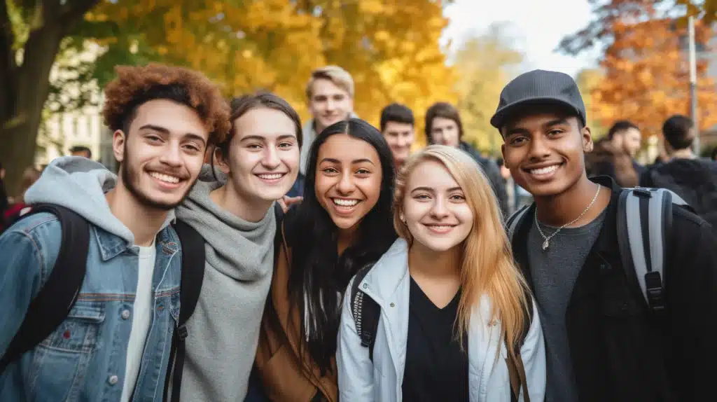 A diverse group of smiling young adults, possibly university students, representing potential patients for Dental Services at Laughlin Dental
